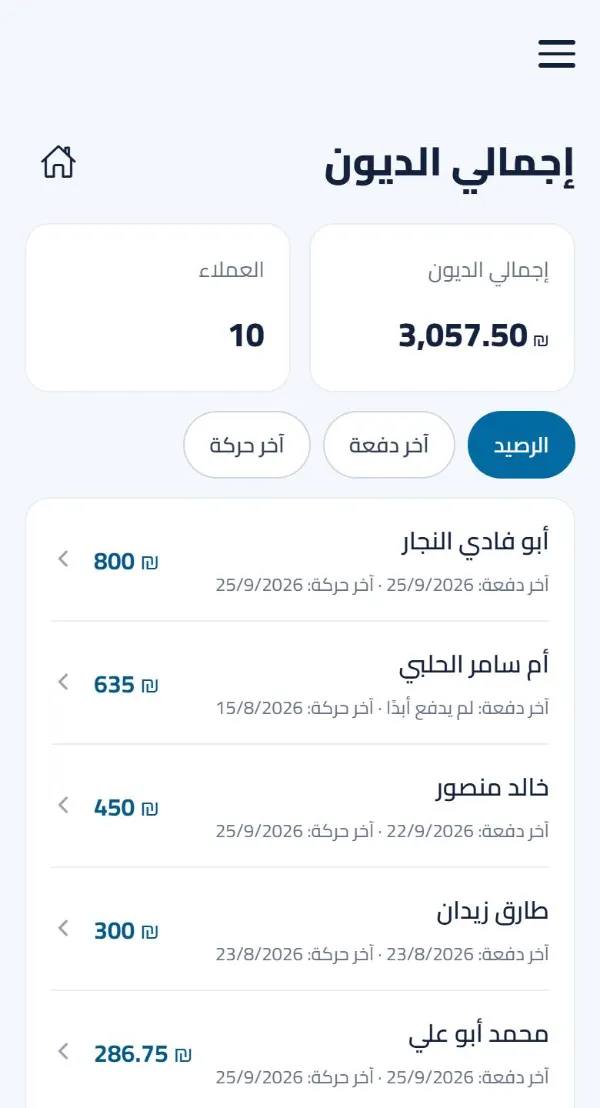 شاشة الزبائن: كل زبون والمبلغ المسجّل عليه وتاريخ آخر دفعة وآخر حركة